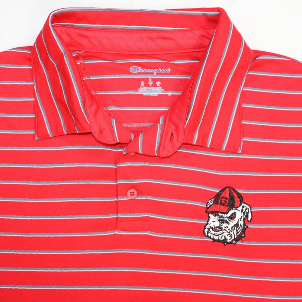 Champion Mens Georgia Bulldogs Polo Shirt Red Grey Striped Large L Go Dawgs
